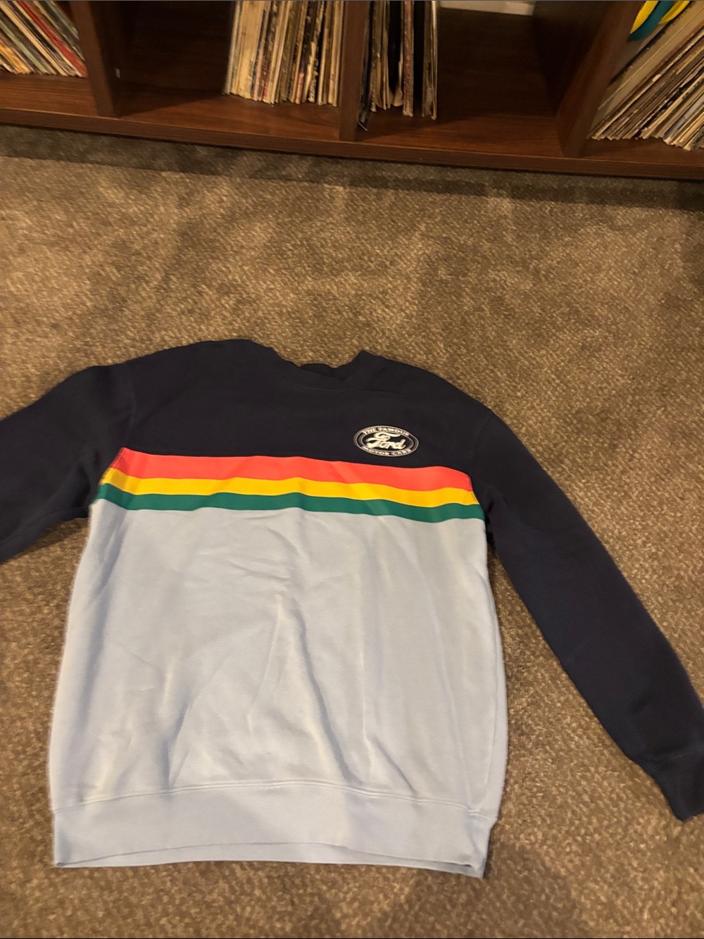 Ford Navy and Light Blue Crewneck with Multicolor Chest Stripes